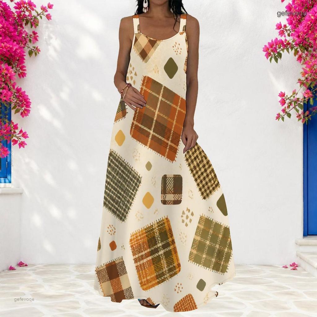 Women Plus Size Scoop Neck Strappy Sleeveless Geometric Printed A Line Long Dress