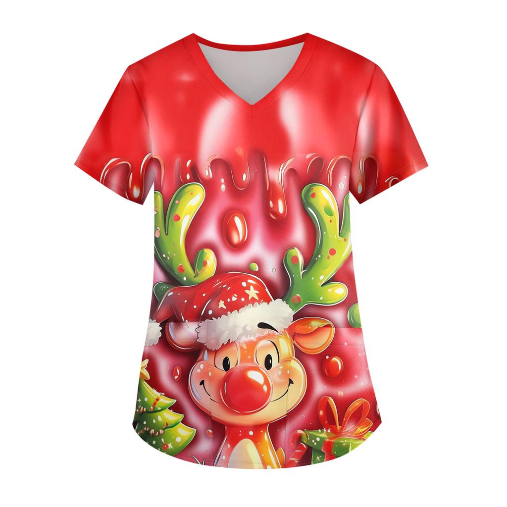 Ladies' Christmas Printed Fashionable V-neck Pocket Short Sleeved  Uniform And Caregiver Top
