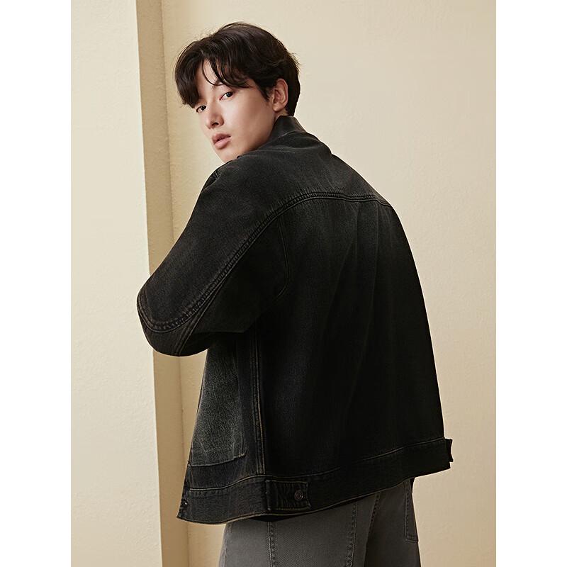 GXG Men's Retro Barn Collar PU Patchwork Denim Jacket