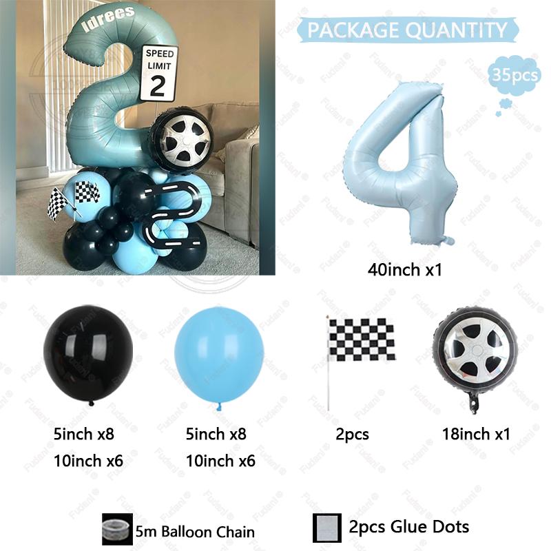 35pcs Tire Balloon Hand Cranked Flag Blue Numbers 1-9 Birthday Balloon Set Racing Themed Party Decoration Kids' Birthday Gift