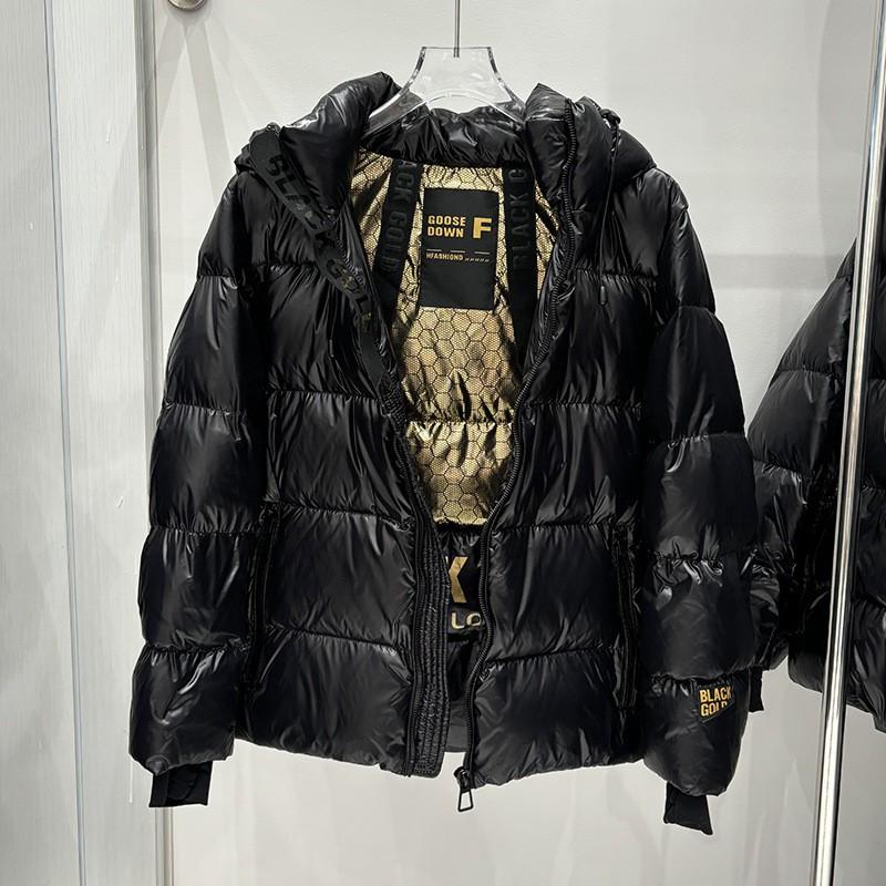 Womens Black Gold Winter Puffer Jacket Loose Fit Hooded Thick Warm Down Coat Short Length