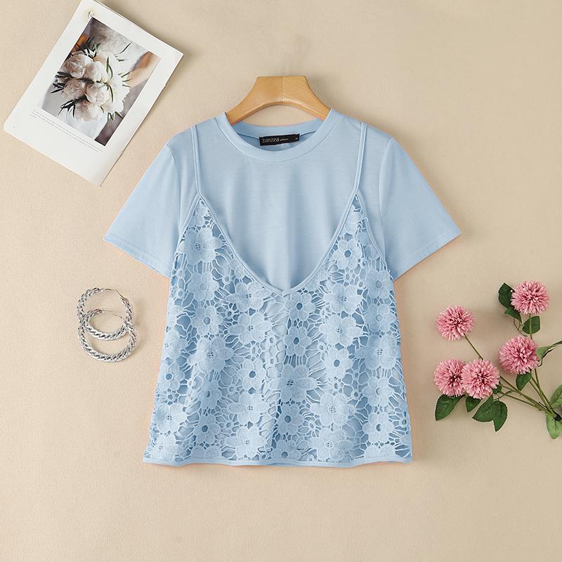 ZANZEA Women Casual Round Neck Lace Patchwork Summer Loose Short Sleeve T-Shirts