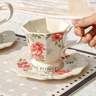 Octagon Coffee Cup Dish Sets New Household 275ml High Aesthetic Women Underglaze Color Handle Mugs Flower Pattern Exquisite Dish