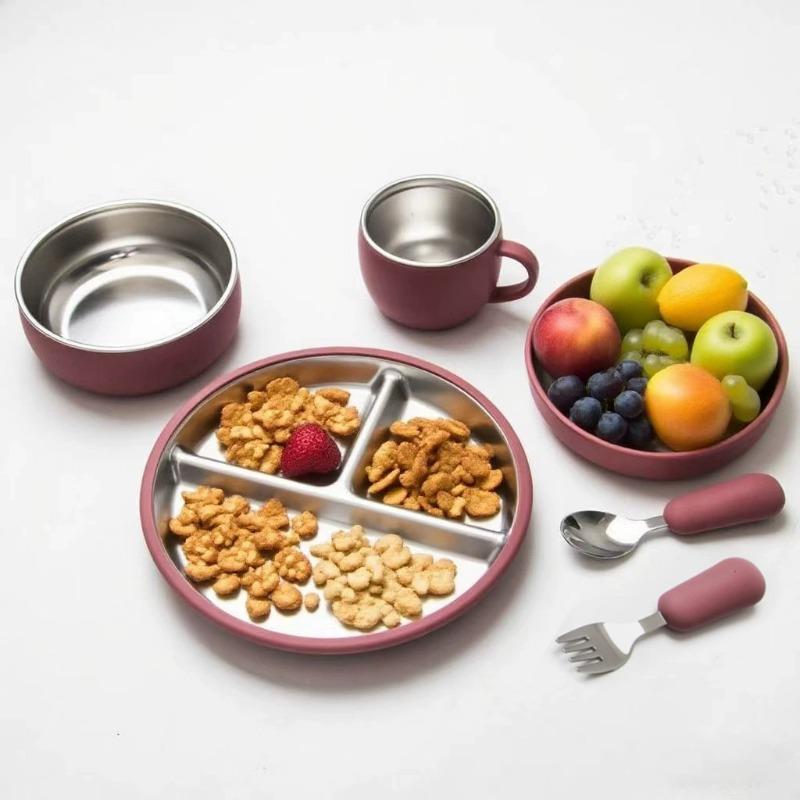 Stainless Steel Plate and Cutlery Set for Babies with Non-slip Suction Cup