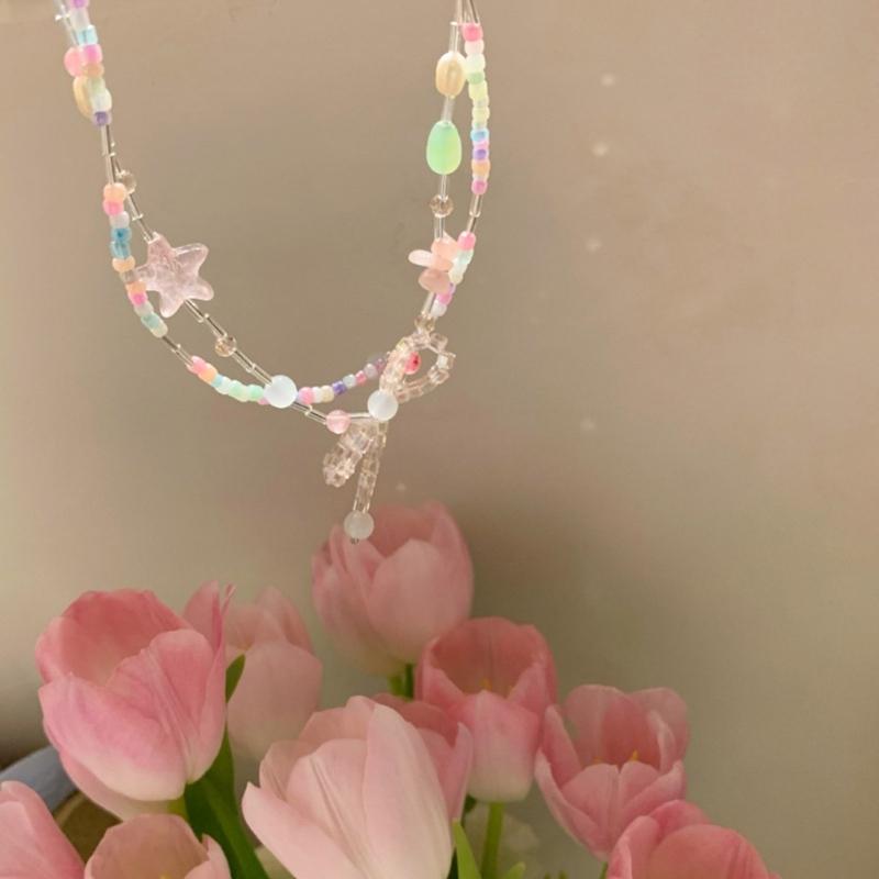 Bowknot Beaded Choker Colorful Beaded Necklaces Bowknot Necklace Artificial Crystal Material Gift for Girls Children