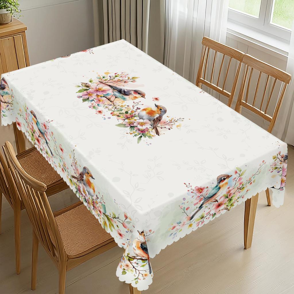 1 Piece Of Spring Flower And Bird Round And Rectangular Tablecloths, Various Sizes Available, Spring Flower And Bird Pattern Printed Decorative Tablec