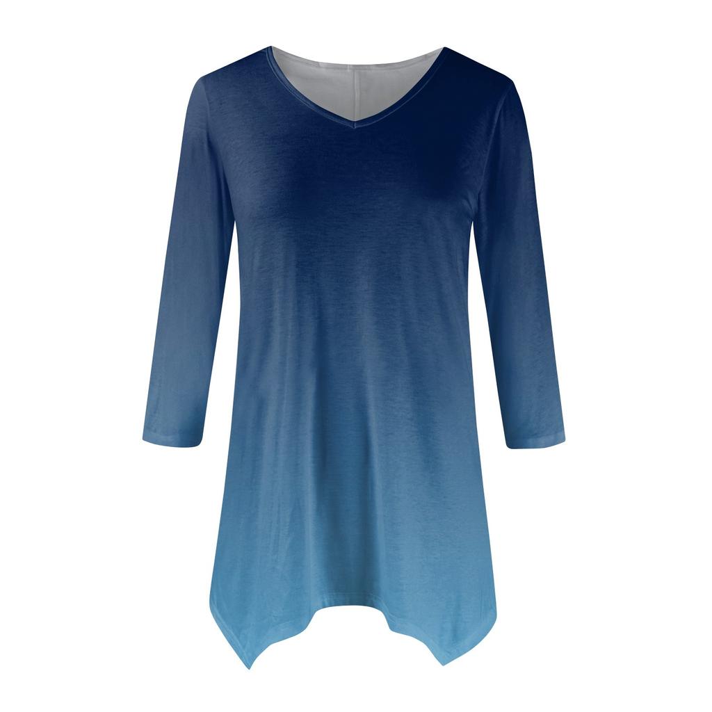 Women's Fashion Casual V-neck Gradual Print Seven-point Sleeve Shirt Belted Loose Comfortable Top