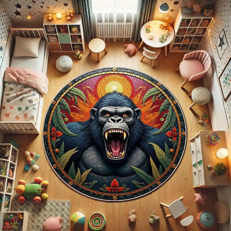 

Wild Gorilla Round Rug, Jungle Animal Circle Carpet for Boys Room,Fierce Primate Safari Decor,Non-Slip King Kong Theme Floor Mat Diameter 100cm