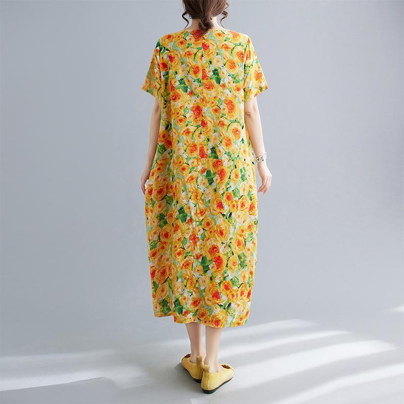 Summer Cotton Linen Irregular Printed Patchwork Loose Short Sleeved Dress for Women