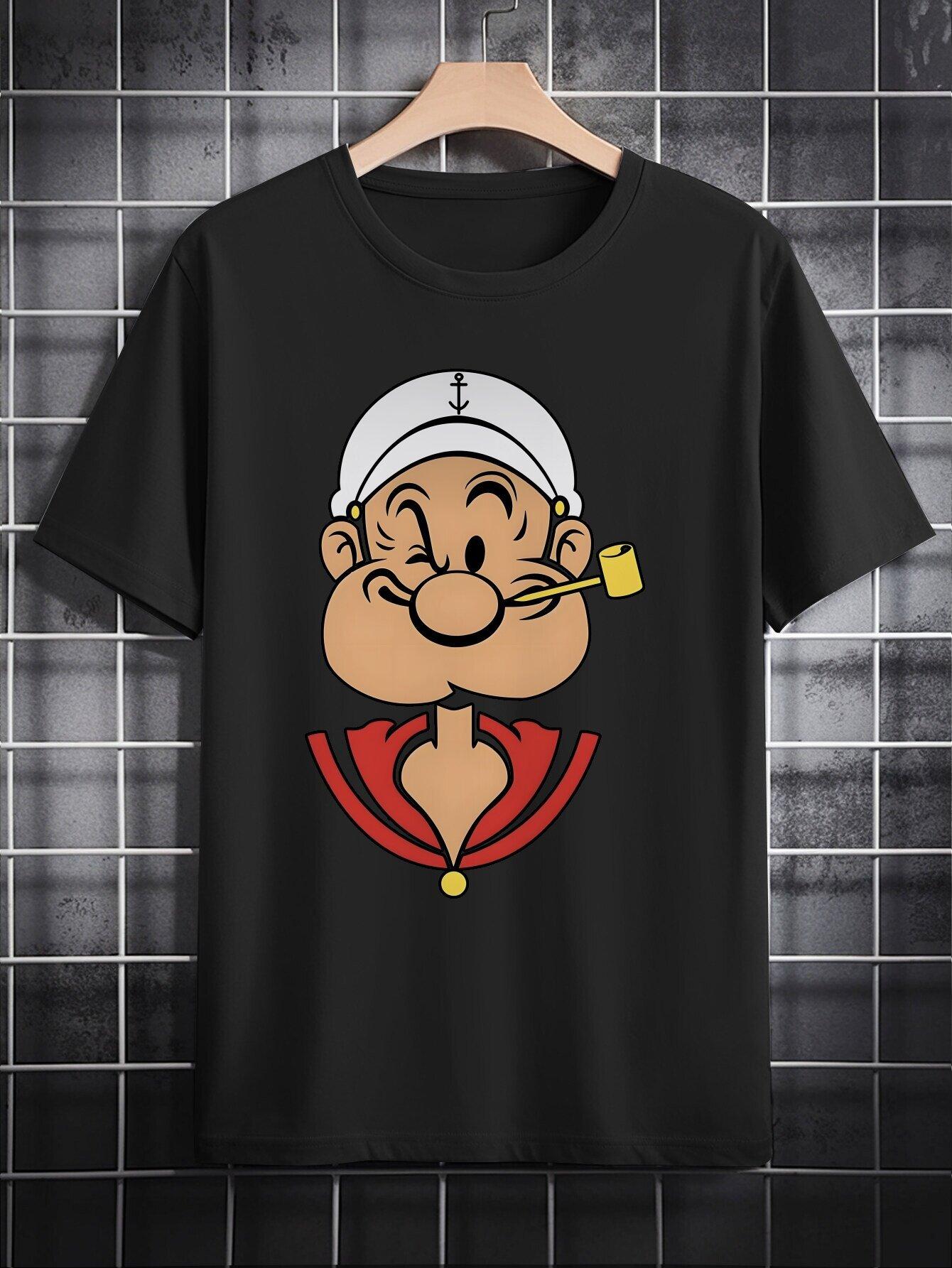 Casual Crew Neck T-shirt with Popeye Cartoon Print – Black Short Sleeve Summer Tee M