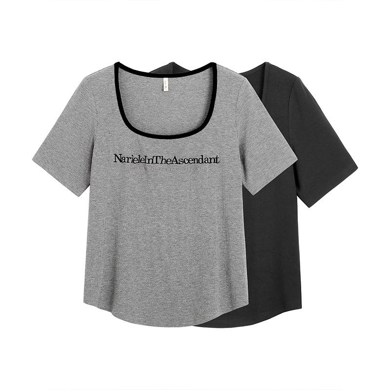 Plus Size Square Neck Embroidered Slim Fit Irregular Summer Top for Women