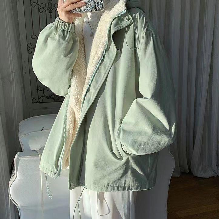 Women's Lambswool Coat: Korean-Style Loose Workwear, Hong Kong-Style, Fleece-Lined, Thickened, Cotton-Padded Jacket for Autumn and Winter.