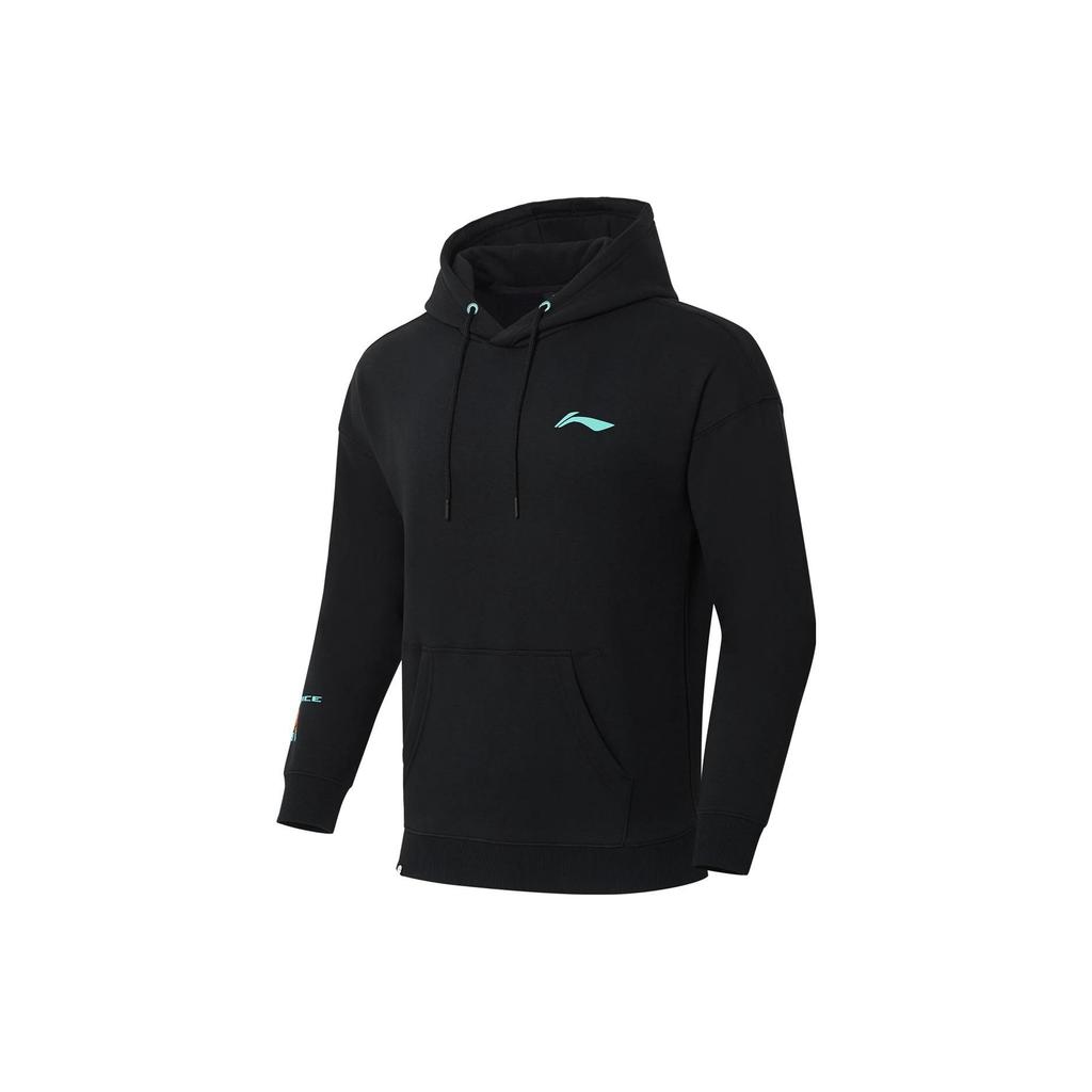 Li Ning Badminton Series Solid Color Logo Print Hooded Drawstring Long Sleeve Sweatshirt Men sweatshirt Black AWDSE95-1