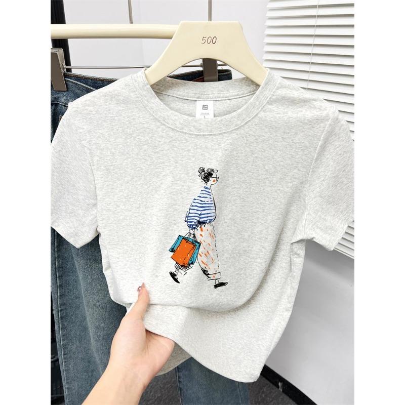 

Women s Fashion Girl Print Yellow Short Sleeve Basic T-Shirt S серый