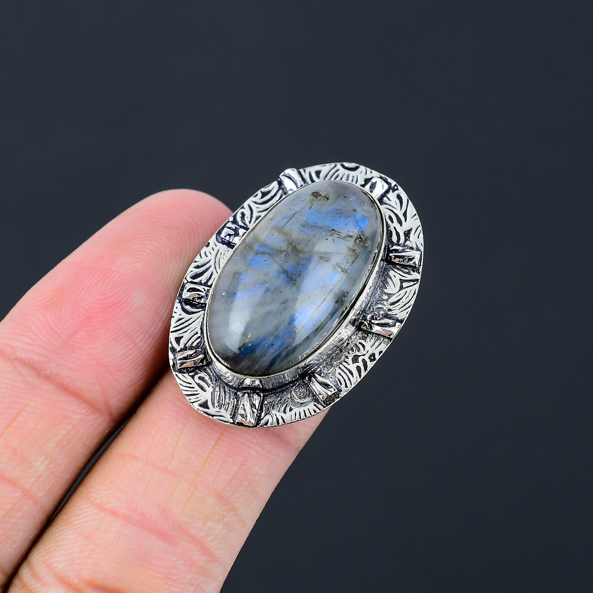 

Natural Labradorite Sterling Silver Promise Mother Wedding Trendy Ring Size 6.5 6.5