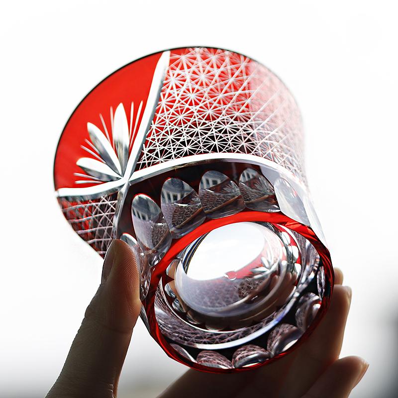 220 Ml Handmade Edo Kiriko Design Colored Glass Wine Tumbler for Home Bar Decor Birthday Gift