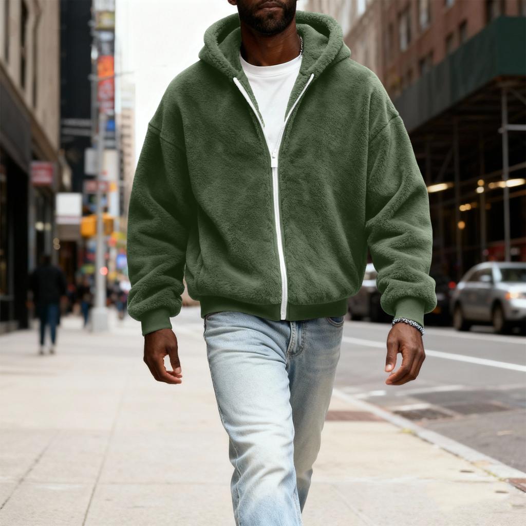 Herr Fuzzy Zip Hoodie Sweatshirt Plyschjacka med dragkedja med huva för