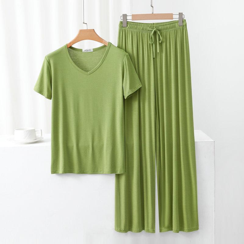 Modal Homewear 2pcs Pajamas Set Short Sleeve Tops and Trousers Solid Color Casual Loose Sleepwear Suit Plus Size Nightwear