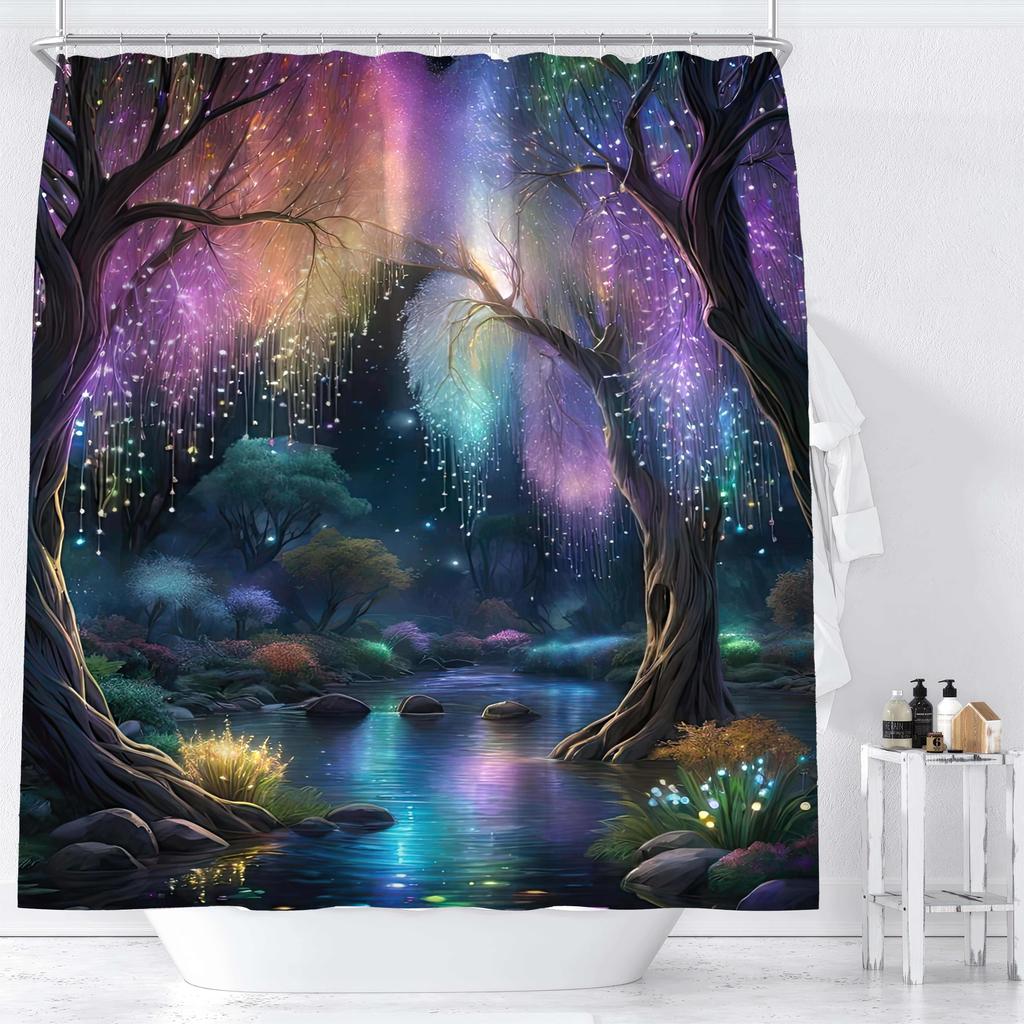 Enchanted Forest Print Waterproof Shower Curtain For Bathroom, Magical Night Scene Design High-End Toilet Partition Curtain