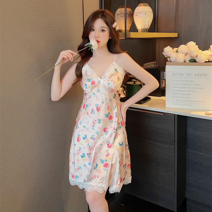 Women's summer print new sexy ice silk nightdress suspender skirt split fork pure desire pajamas with chest pads loungewear