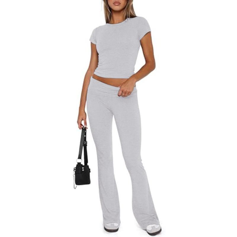 Damen Freizeit Zweiteiler Set Langarm Rundhals Crop Top Hohe Taille Schlaghosen Gestrickt Einfarbig Loungewear Passendes Outfit Set