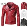 Men Jacket Slim Fit Faux Leather Solid Color Coat with Diagonal Zipper Belt Adjustment Windproof Coat