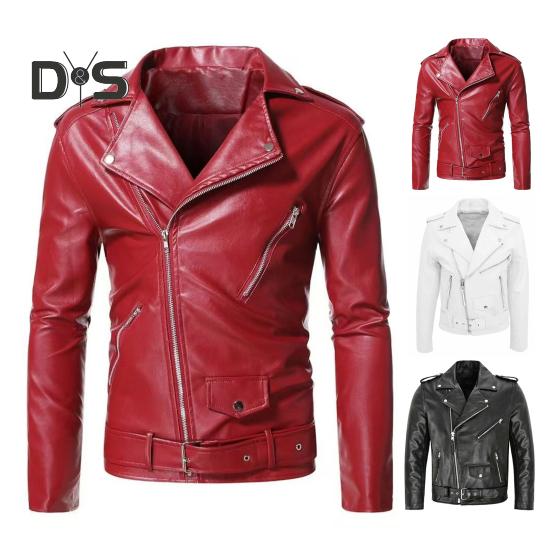 Men Jacket Slim Fit Faux Leather Solid Color Coat with Diagonal Zipper Belt Adjustment Windproof Coat