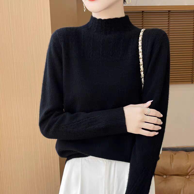 

Knitted Sweater Women Pullover Long-sleeved Sweater Twist Sweater Autumn and Winter Half Turtleneck Base Shirt 2XL чёрный