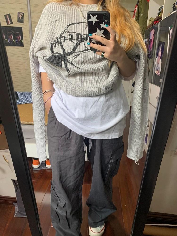 Milang Girl Spider Print Harajuku Sweater Women Gothic Vintage Ripped Grunge Jumper Streetwear Korean Oversize Hiphop Pullover