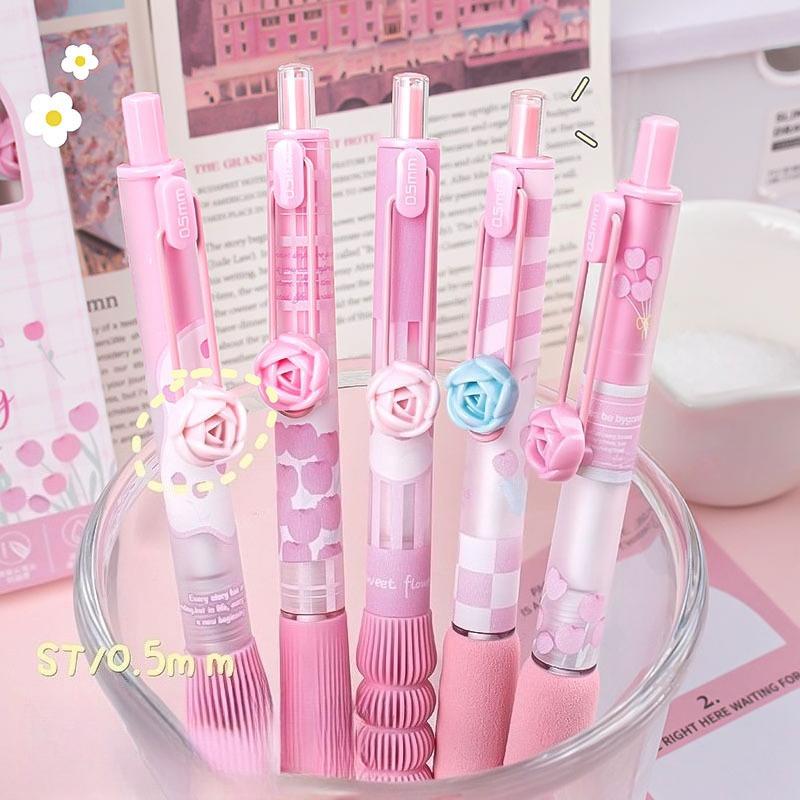 National Style Flower Series Soft-hold Black Pen Press Gel Pen Set, Quick-drying, Stress-relieving, High Appearance Level Practice Pen, Exam Pen