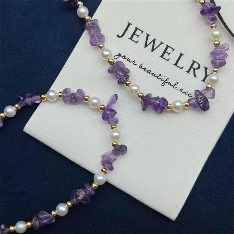 Natural amethyst gravel design collarbone chain original fashion versatile men's and women's gifts freshwater pearl necklace