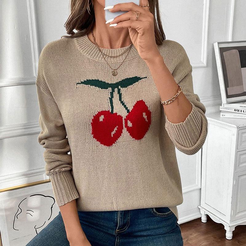 Womens Cherry Print Sweater Crewneck Long Sleeve Drop Shoulder Knit Sweater Ribbed Knit Cute Loose Pullover