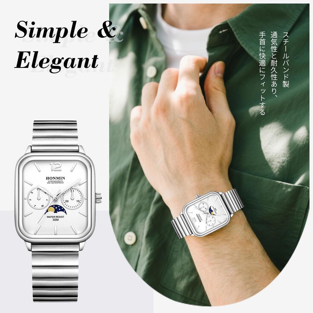 RORIOS Square Analog Watch with and Star Date and Day Watch with Stainless Steel Popular for and Job White Men's Sun, Moon, Display, Display,