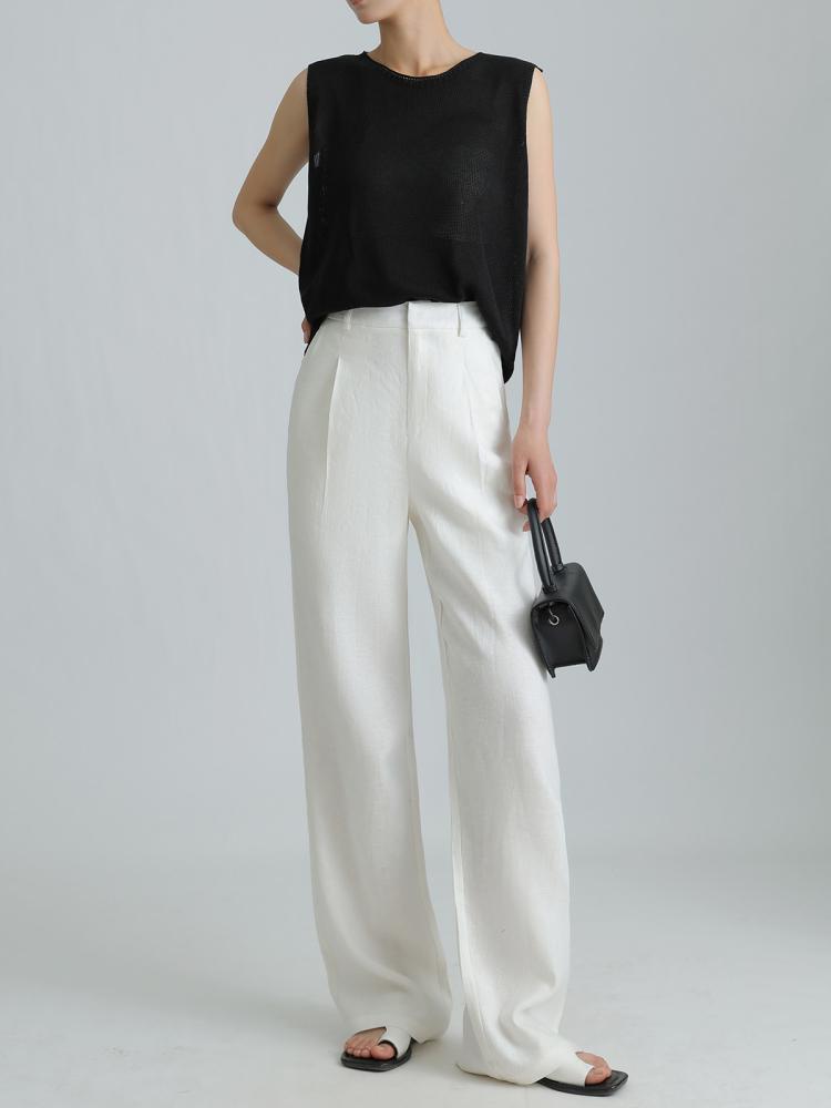 2026 Summer High-Waisted Wide-Leg Cotton Linen Pants White Casual Old Money Style Women