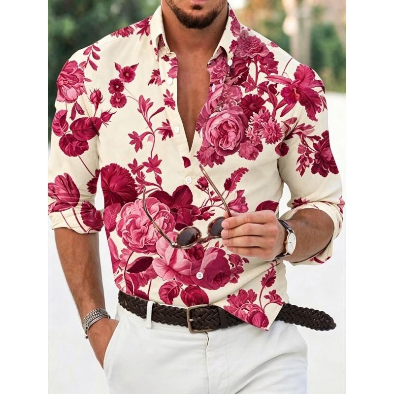 Men's floral shirt long sleeved sports fashion outdoor casual daily autumn and winter flat printed button down collar shirt