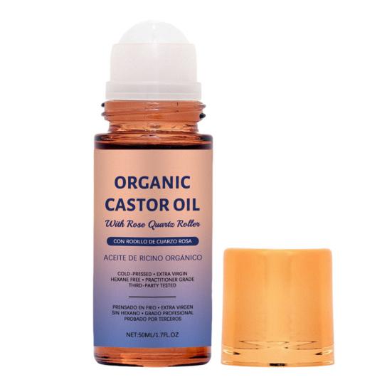 1/2Pcs 50ML Organic Castor Oil with Rose Quartz Roller Travel Nourishing Moisturizing 1.7 Fl Oz Pure Extra Virgin Roll-on Castor Oil