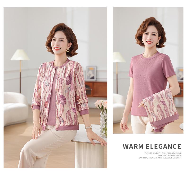 Spring Collection: Printed Knitwear Two-Piece Set - Outerwear & Short-Sleeved Base Layer for Middle-Aged and Older Women