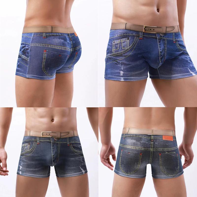 Men's 3D Faux Denim Print Boxer Briefs, Cotton Underwear Trendy Trunk.
