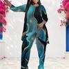 Women Plus Size Round Neck Long Sleeve Printed Layered Top And Long Pants Two Piece Set