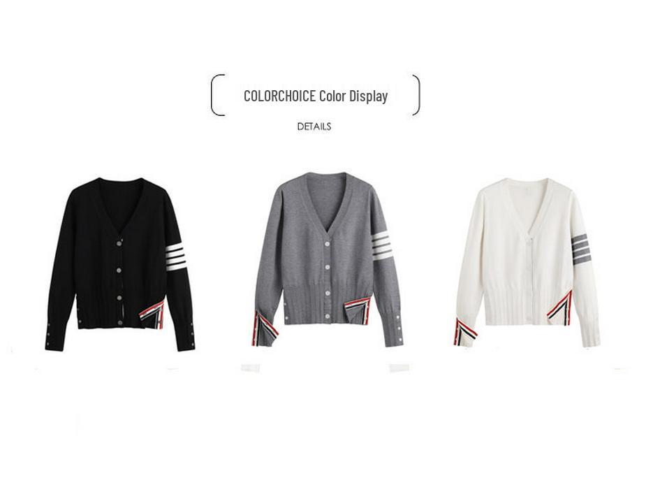 TbB Women's Knitted Cardigan - Trendy Four-Stripe College Style, Versatile Spring/Autumn Sweater Coat