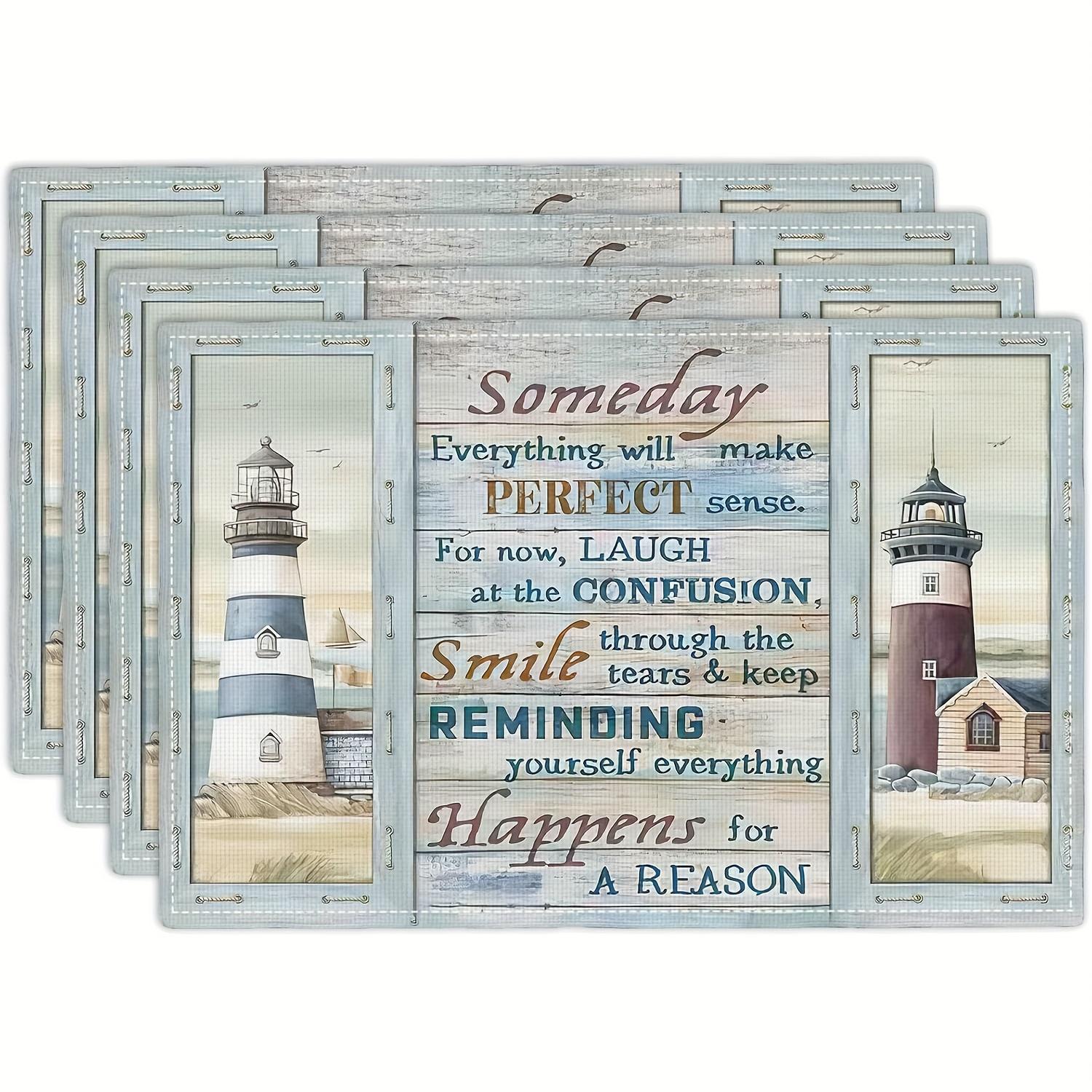 

4pcs Nautical Lighthouse Placemats Blue & White Coastal Design with Inspirational Quote Machine Washable for Home or Beach Décor 30x45cm-4PC