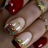 24PCS Autumn Red Short Square False Nail Tips Glitter Sequin French Press On Nails Full Cover Wearable Fake Nails Simple Designs