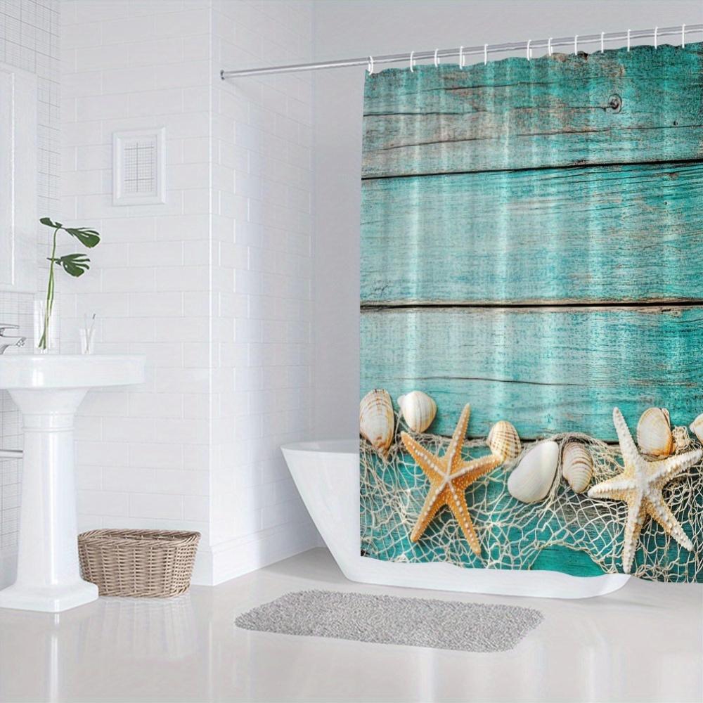 Rustic Coastal Shower Curtain - Seashells, Starfish, Scallop Design, Weathered Turquoise, Nautical Tranquility, Polyester,