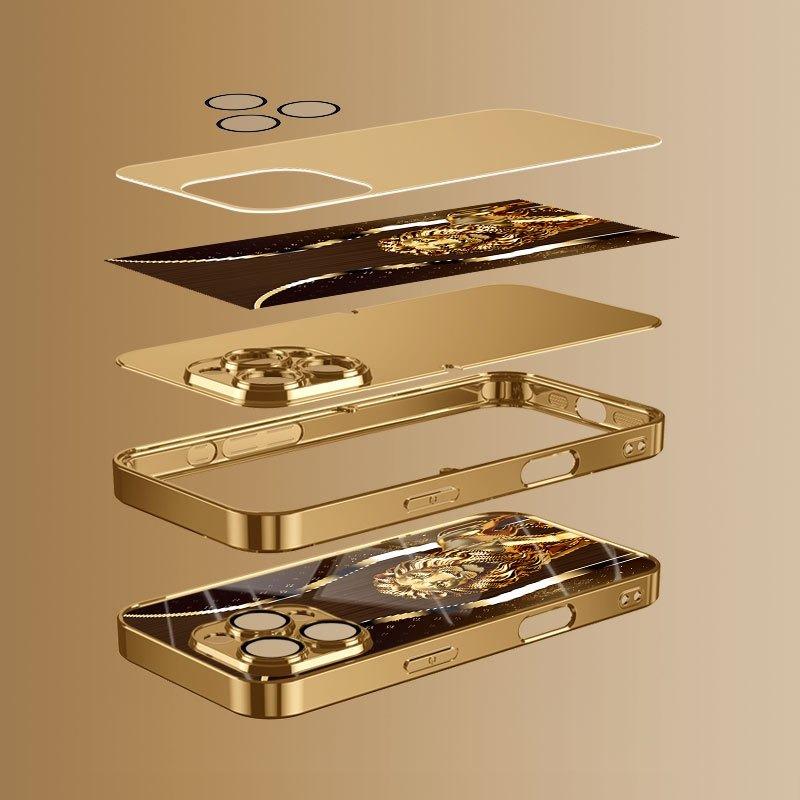 Golden Haired Lion King Pattern Metallic Paint Glass Phone Case For iPhone 17 16 15 14 13 12 11 Pro Max 14 Plus 17Air 16E Cover