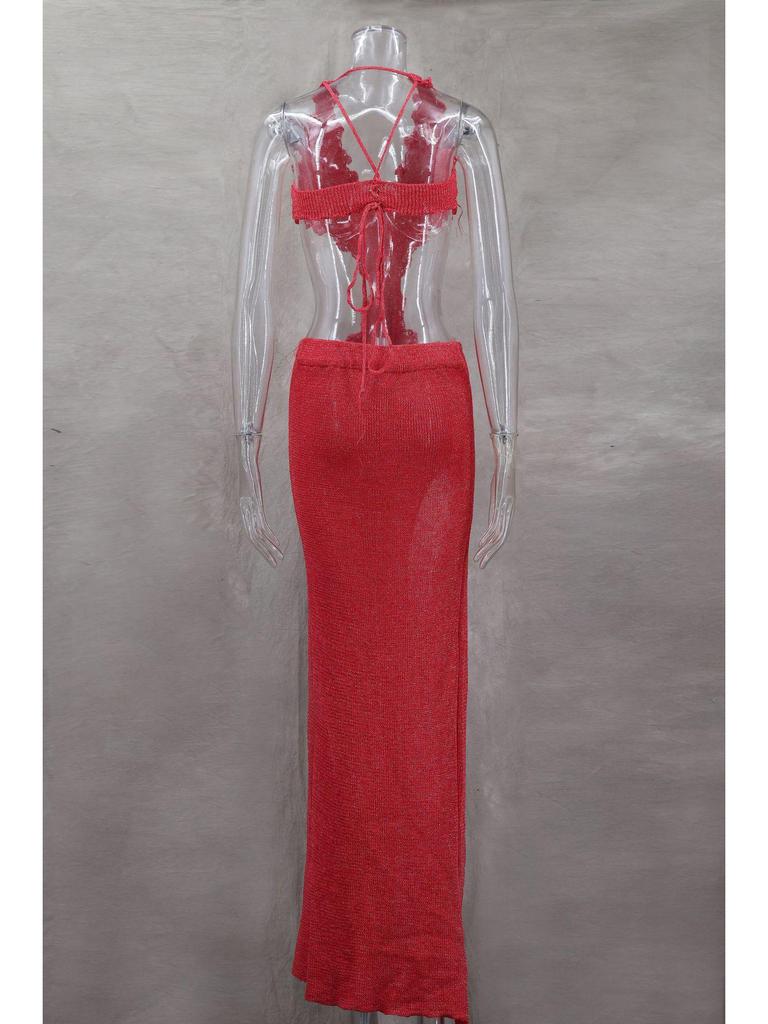 Spring/Summer Deep V Cut-Out Lurex Hand-Crocheted Knit Dress with Lace-Up Slit