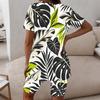 Women Plus Size Round Neck Short Sleeve Black Gold Leaf Printed Longline Top Fitted Shorts Two Piece Set