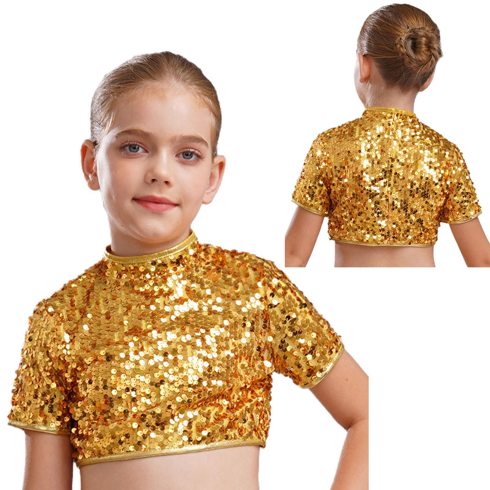 

Children s Cheerleading Jazz Top: Mock Neck Short Sleeve Sparkly Sequins Crop Performance Costume 15-16 Years золотий