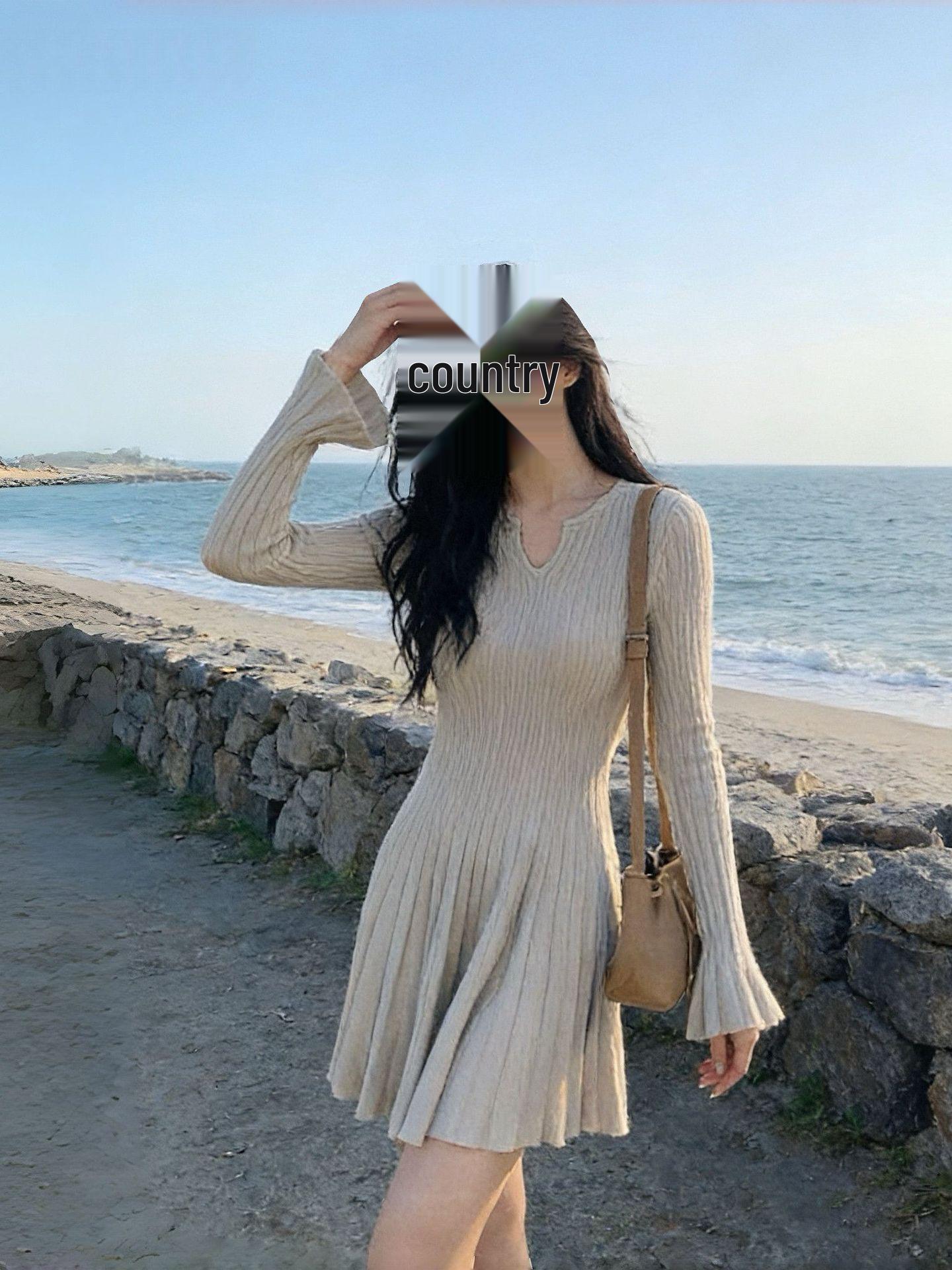 2026 Spring French-Inspired Women s Knit Dress: Long Sleeve, Waist-Cinching, Slimming Short Skirt One Size