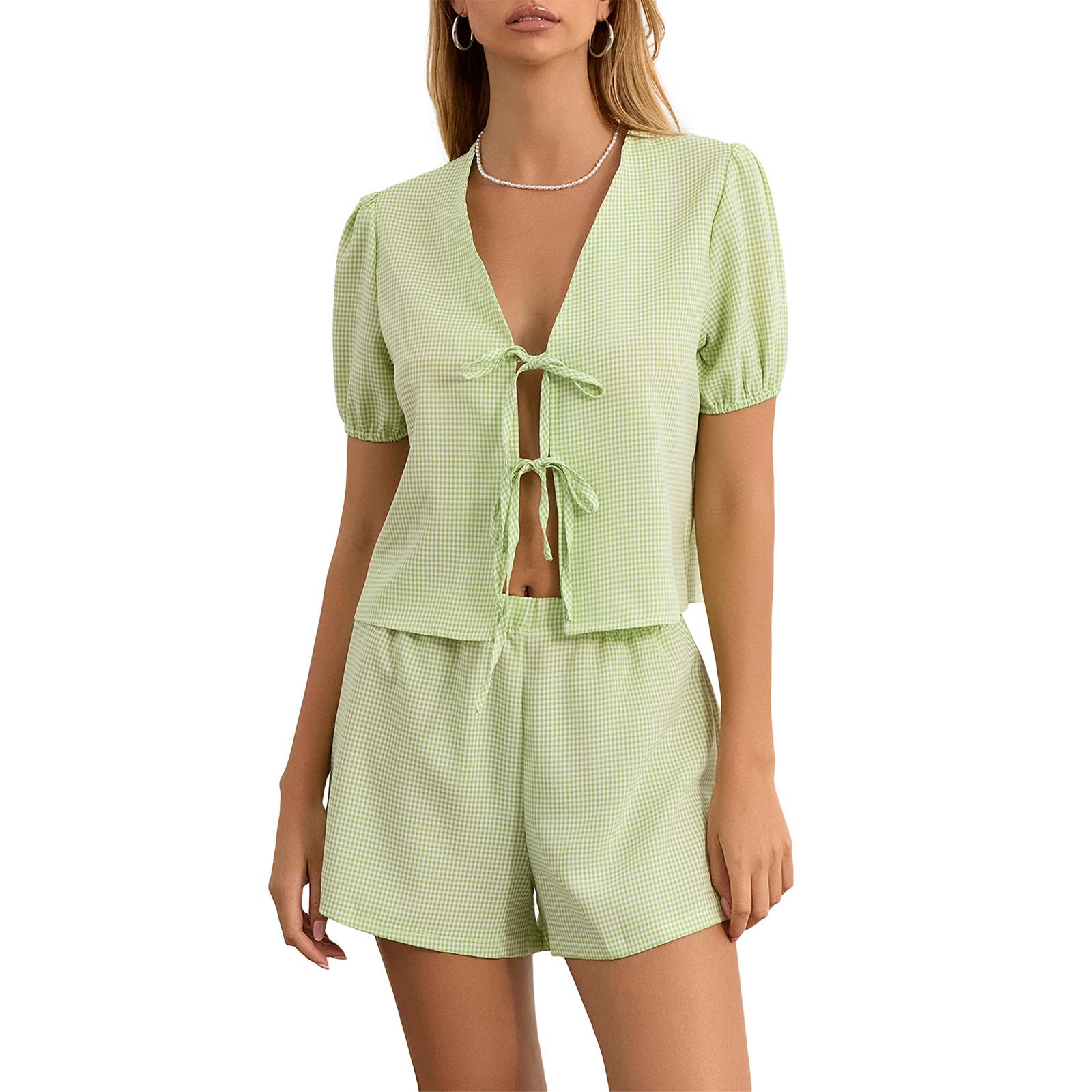 

Женский клетчатый наряд, свободный топ с V-образным вырезом, рукавами-фонариками, завязывающимися спереди, шорты с эластичной талией, летний комплект из 2 предметов XL зелёный/изумрудный