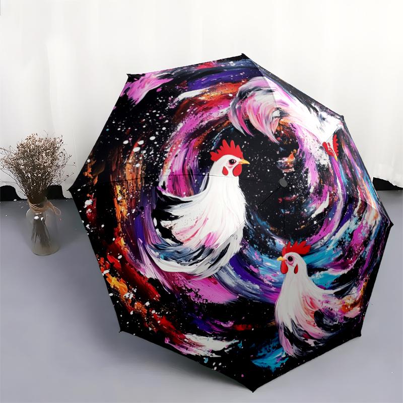 Rooster pattern, automatic folding umbrella, portable and foldable design, 8 ribs, a Christmas or birthday gift.